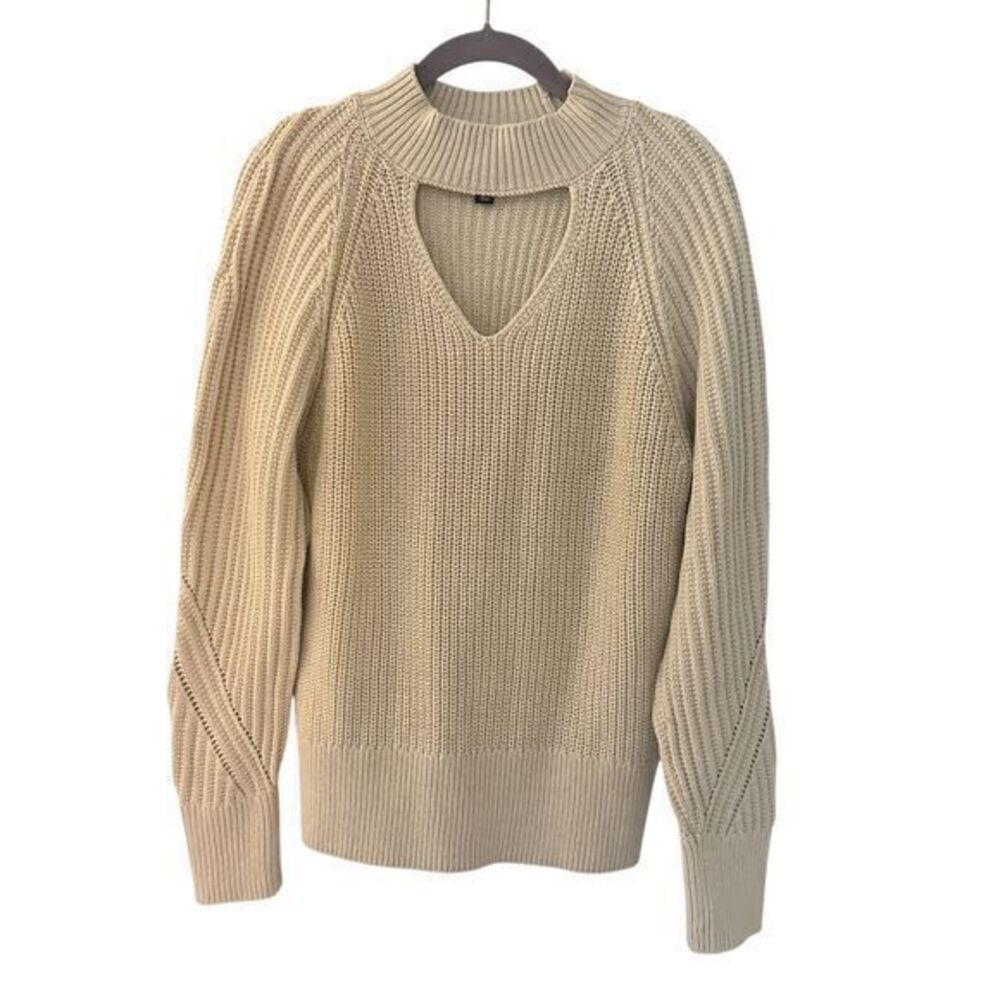 INC International Concepts Heather Oat with Gold Keyhole Mockneck Sweater Size L